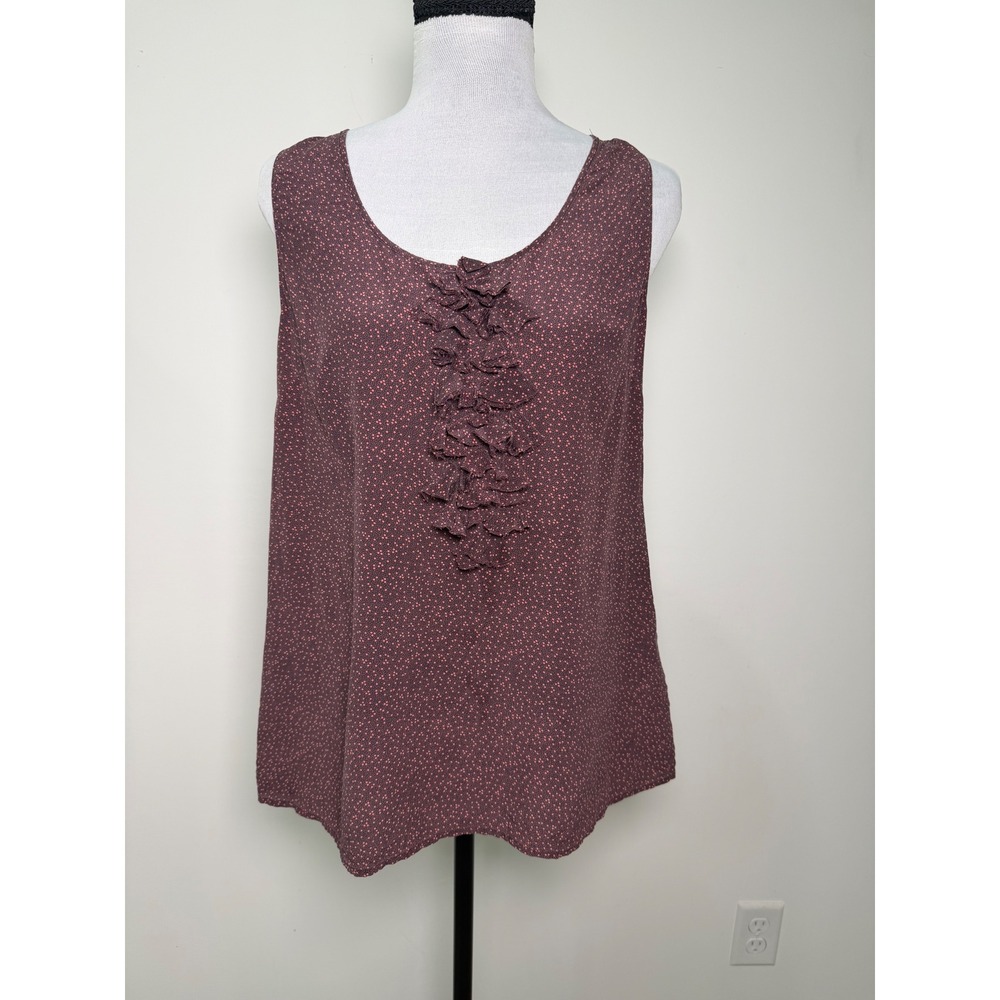 Halogen Womens 100% Silk Ruffle Front Sleeveless Blouse Plum Pink Dot Size M